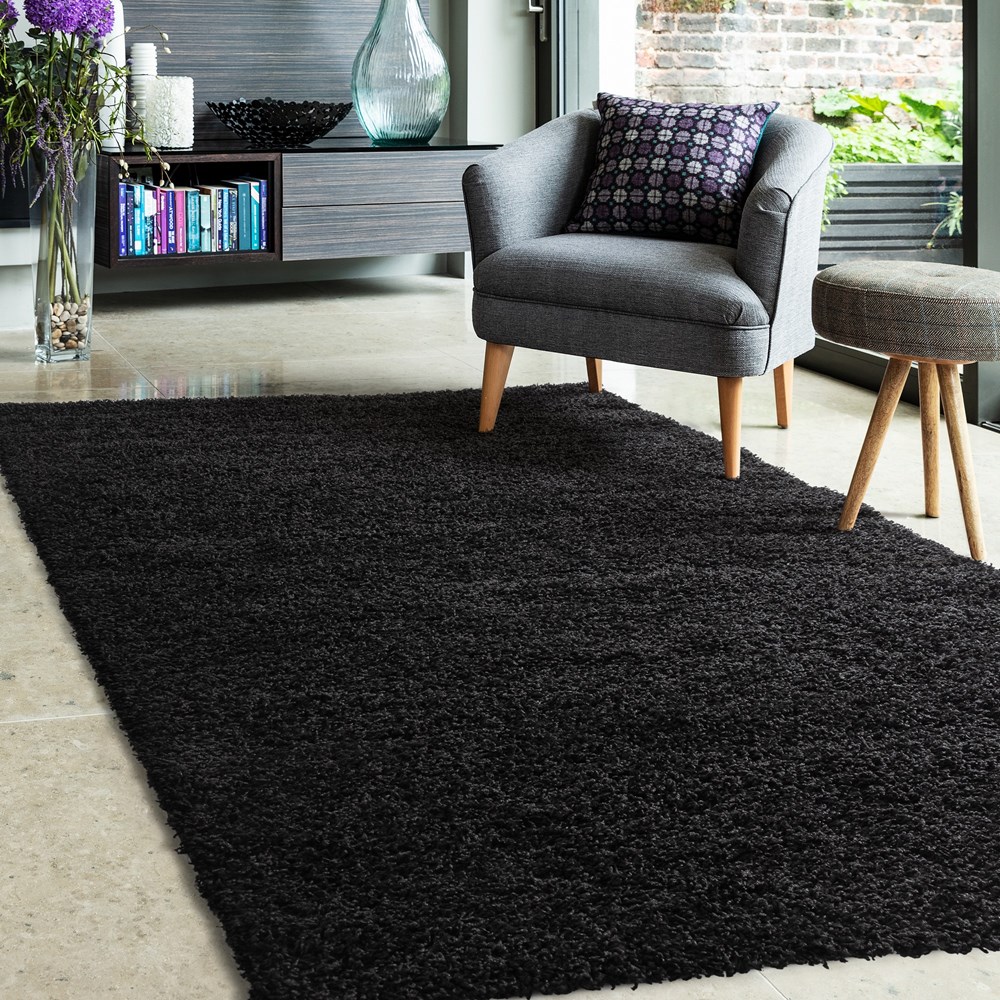 Jazz Shaggy Plain Modern Rugs in Black